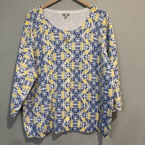 Talbots Blue and Yellow Lemon Patterned Cardigan Sweater 2X